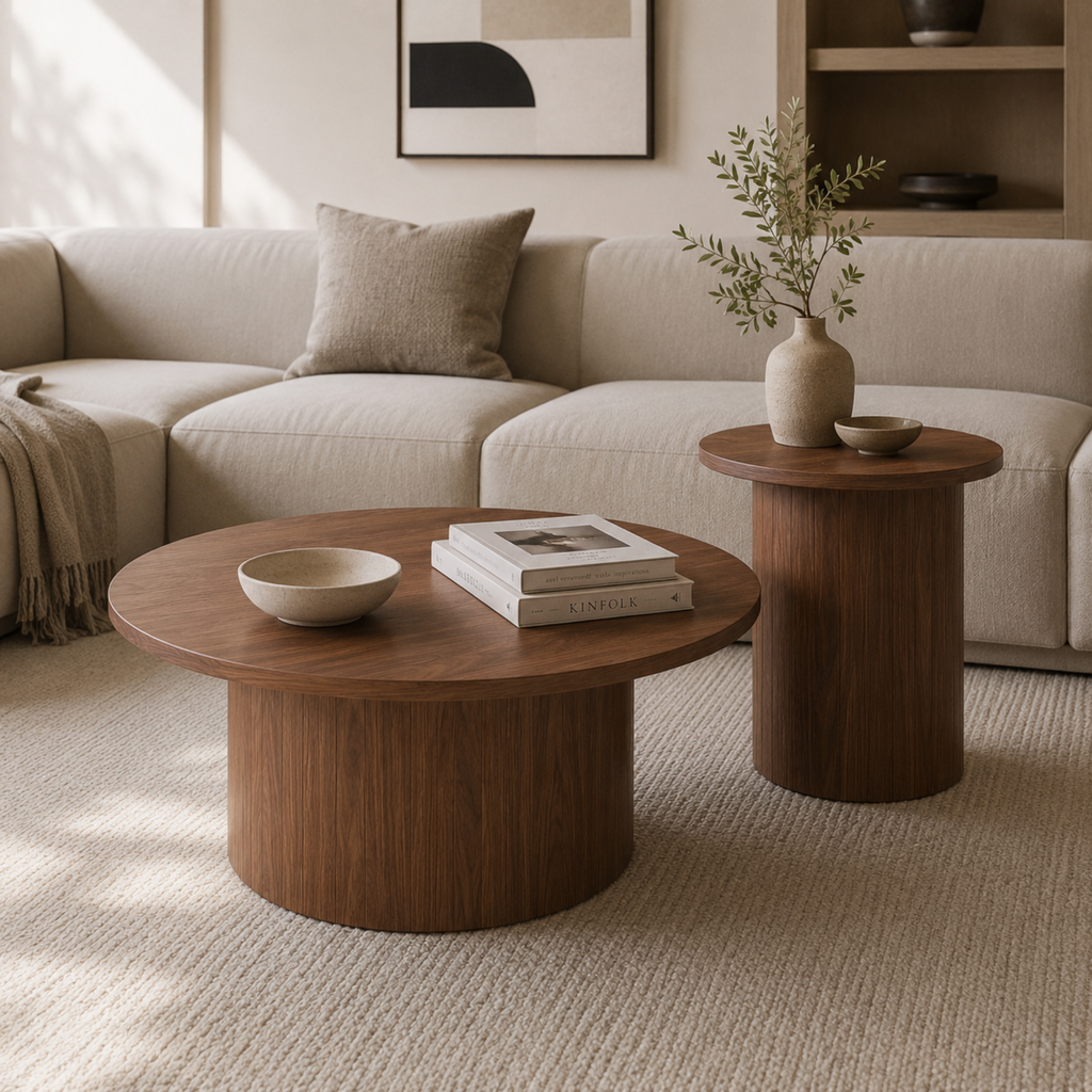 Elara | Duo de tables basses gigognes rondes en bois cannelé façon noyer