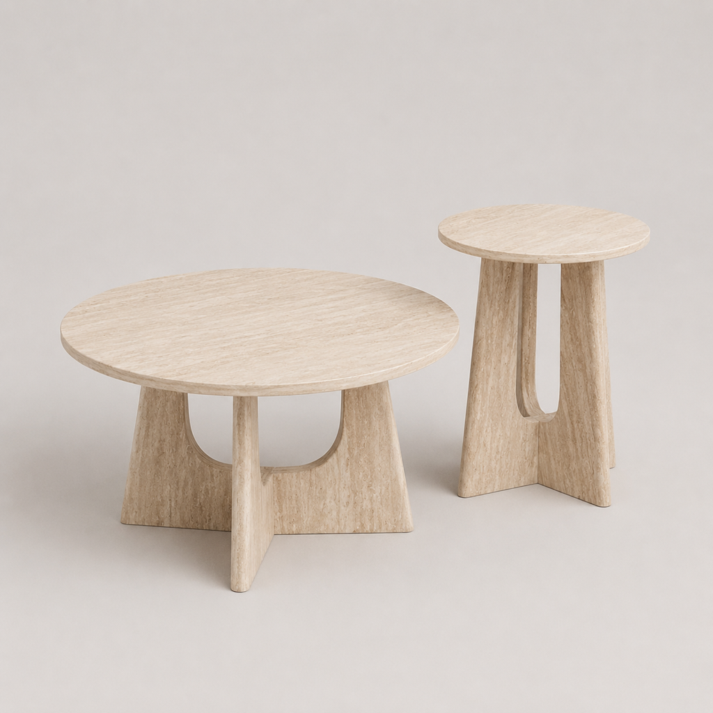 Elian | Duo de tables basses gigognes rondes effet travertin et pieds sculptés