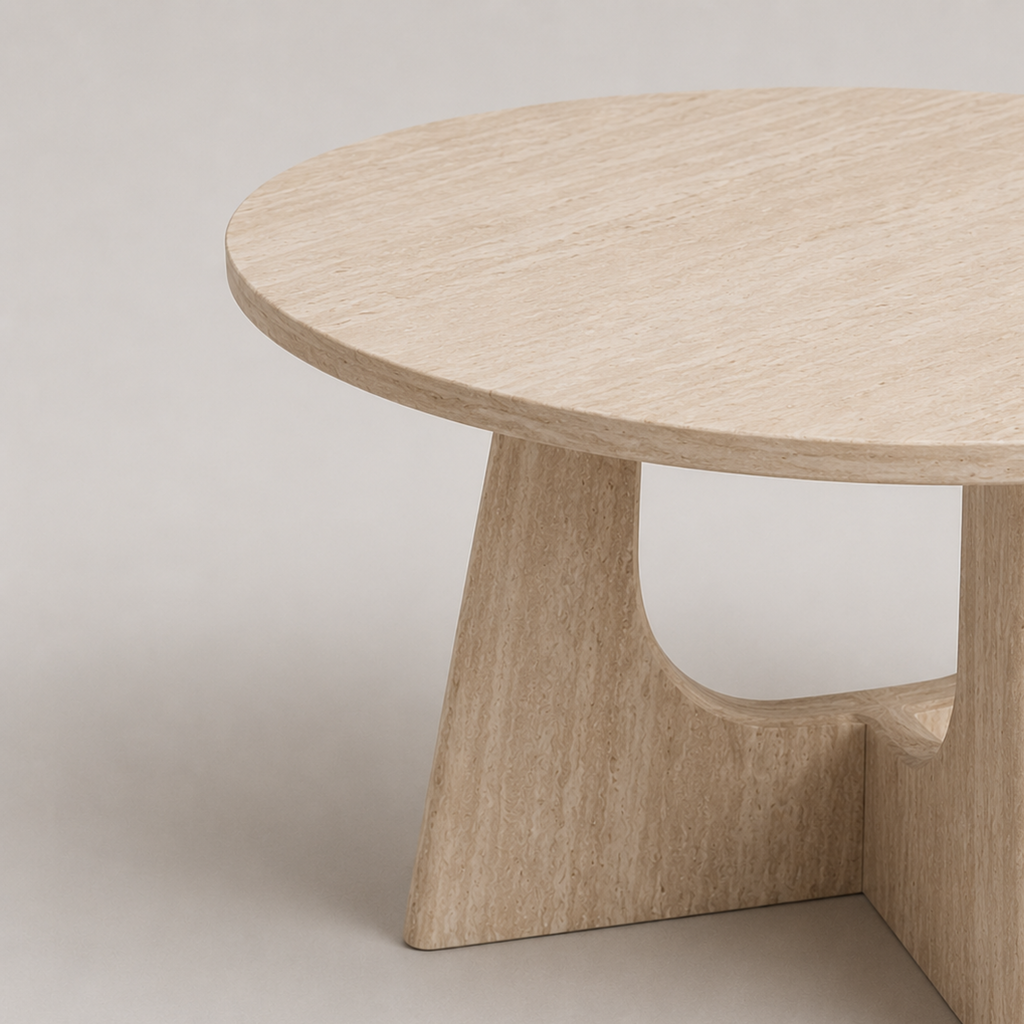 Elian | Duo de tables basses gigognes rondes effet travertin et pieds sculptés