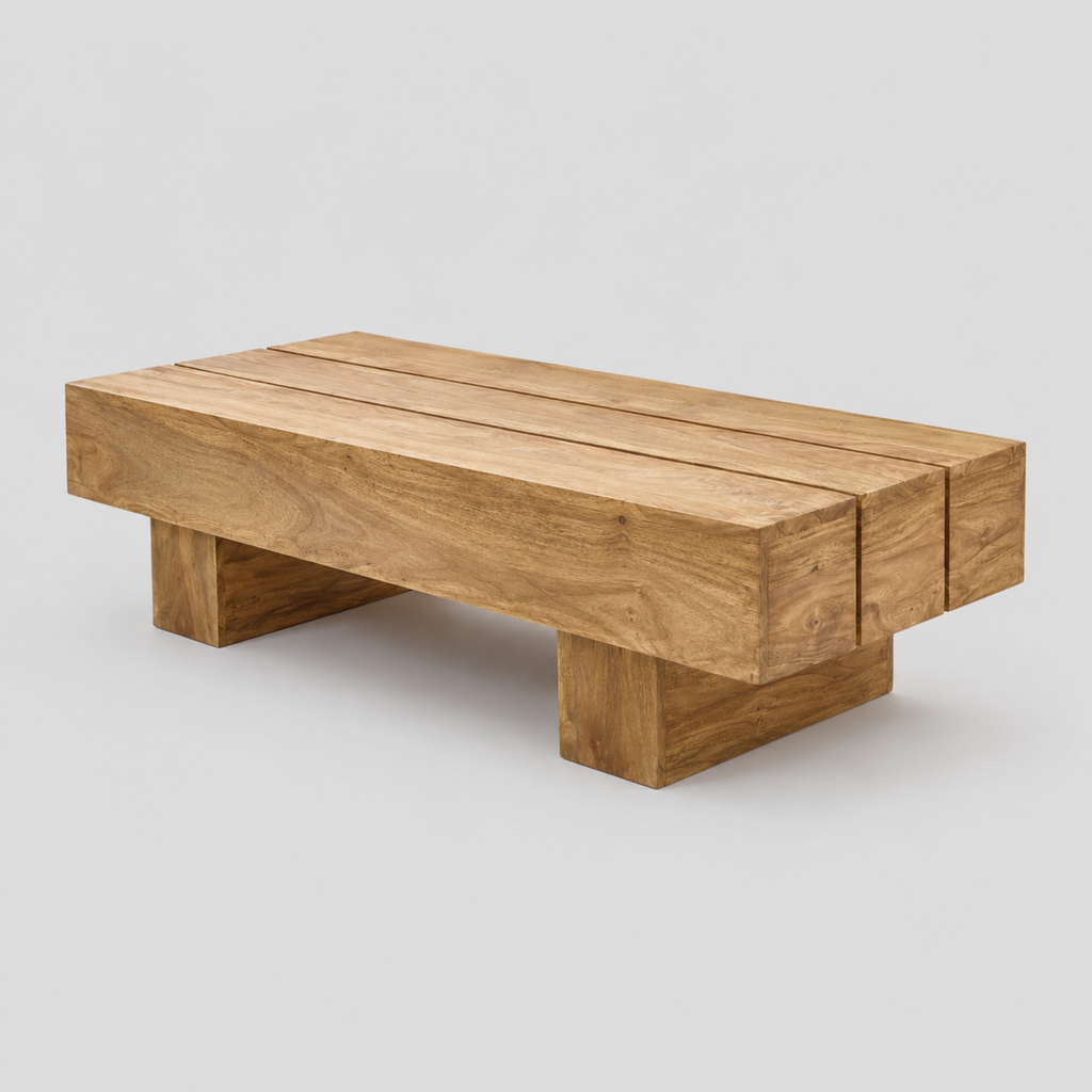 Ewen | Table basse rectangulaire en bois massif d'acacia, design poutre