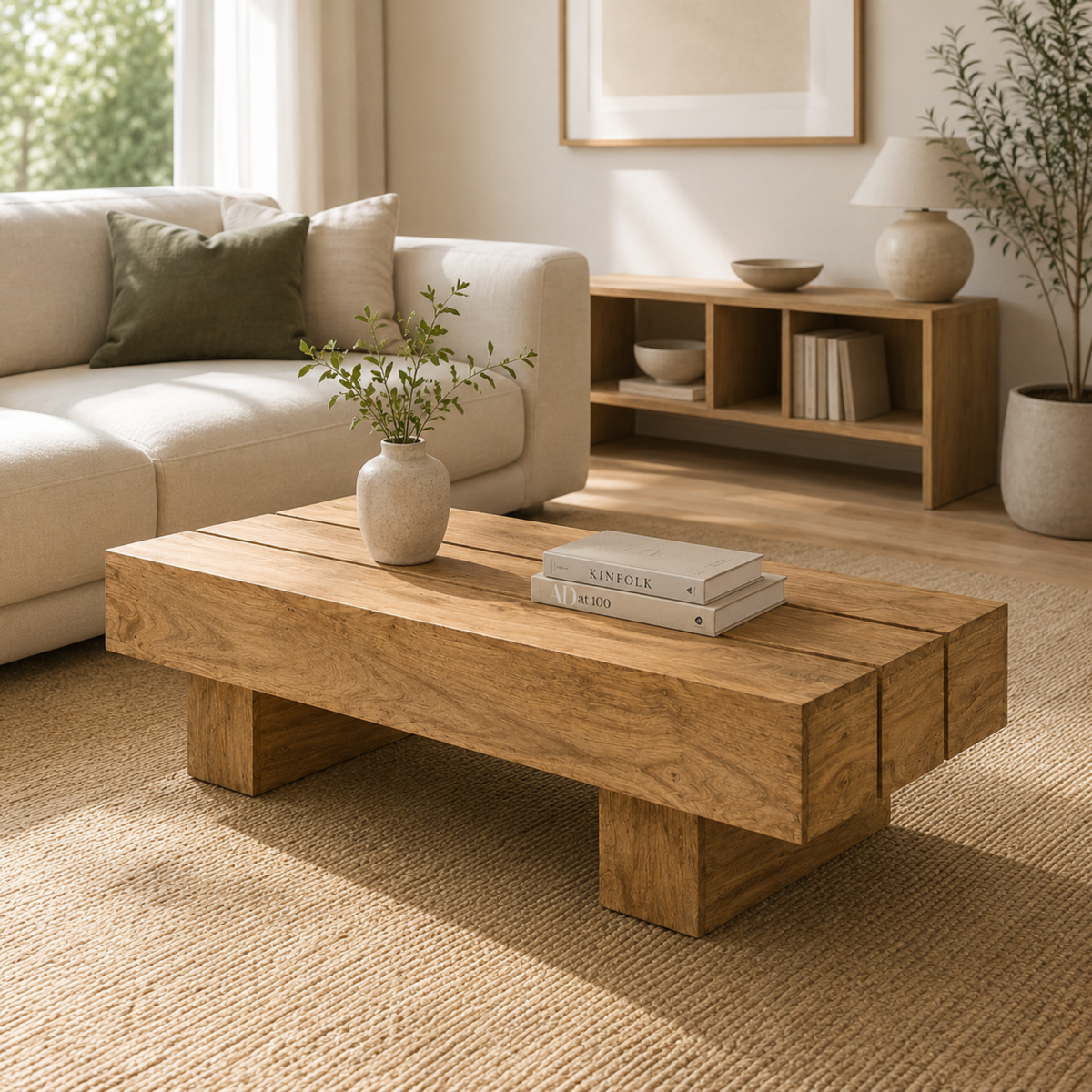 Ewen | Table basse rectangulaire en bois massif d'acacia, design poutre
