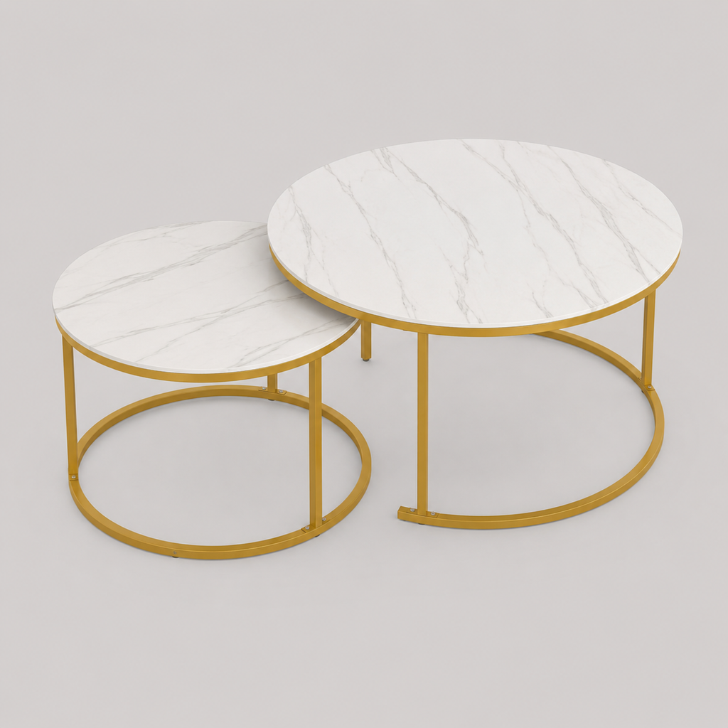 Ezra | Table basse gigogne ronde en effet marbre et métal doré
