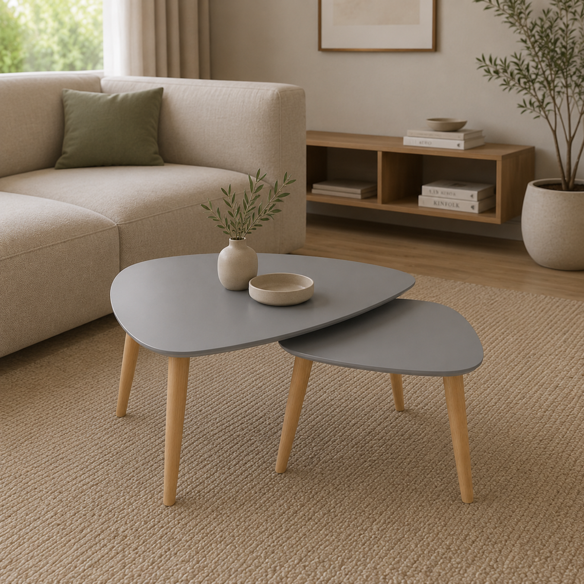 Naïs | Duo de tables basses gigognes organiques en bois et plateau gris
