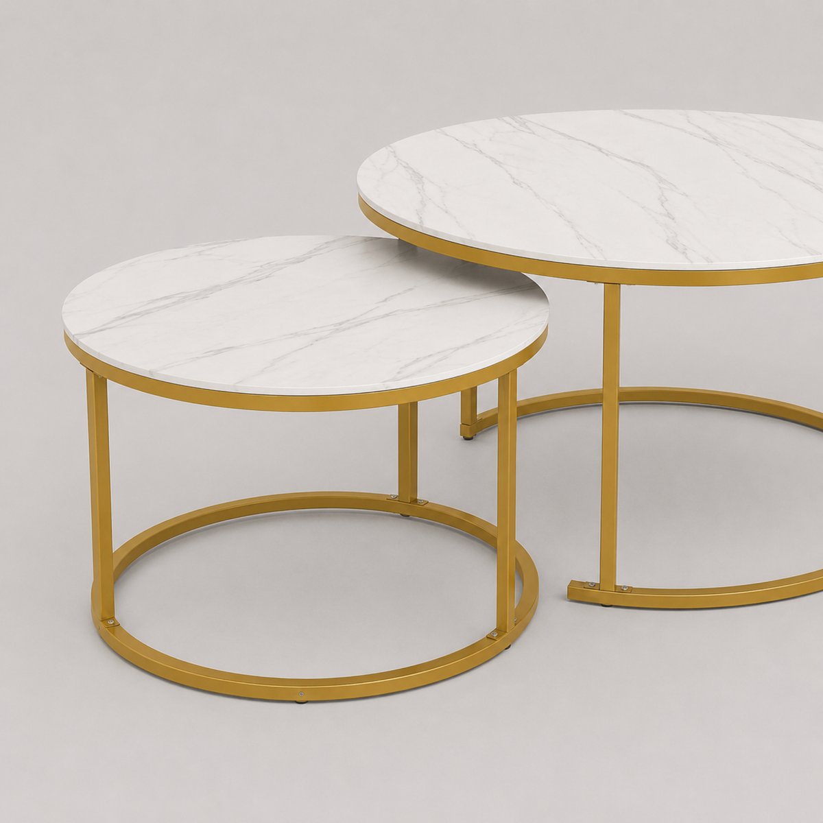 Ezra | Table basse gigogne ronde en effet marbre et métal doré