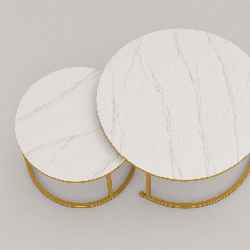 Ezra | Table basse gigogne ronde en effet marbre et métal doré