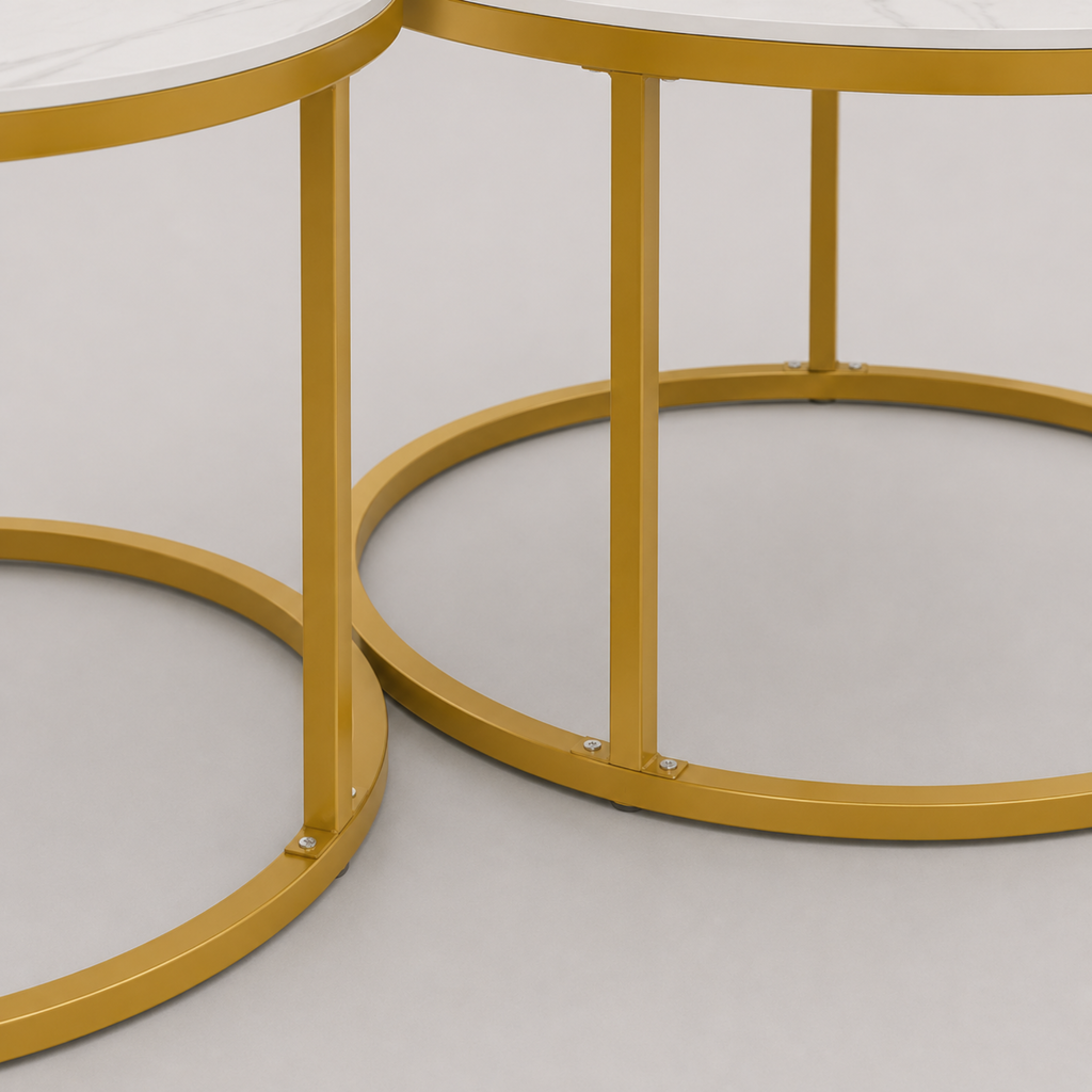 Ezra | Table basse gigogne ronde en effet marbre et métal doré