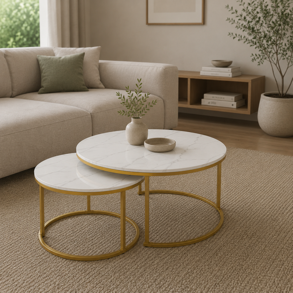 Ezra | Table basse gigogne ronde en effet marbre et métal doré