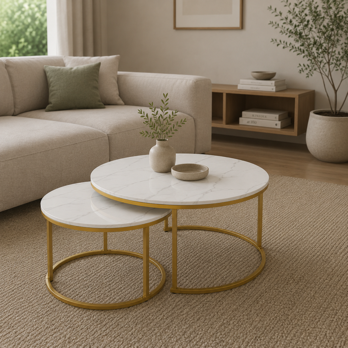 Ezra | Table basse gigogne ronde en effet marbre et métal doré
