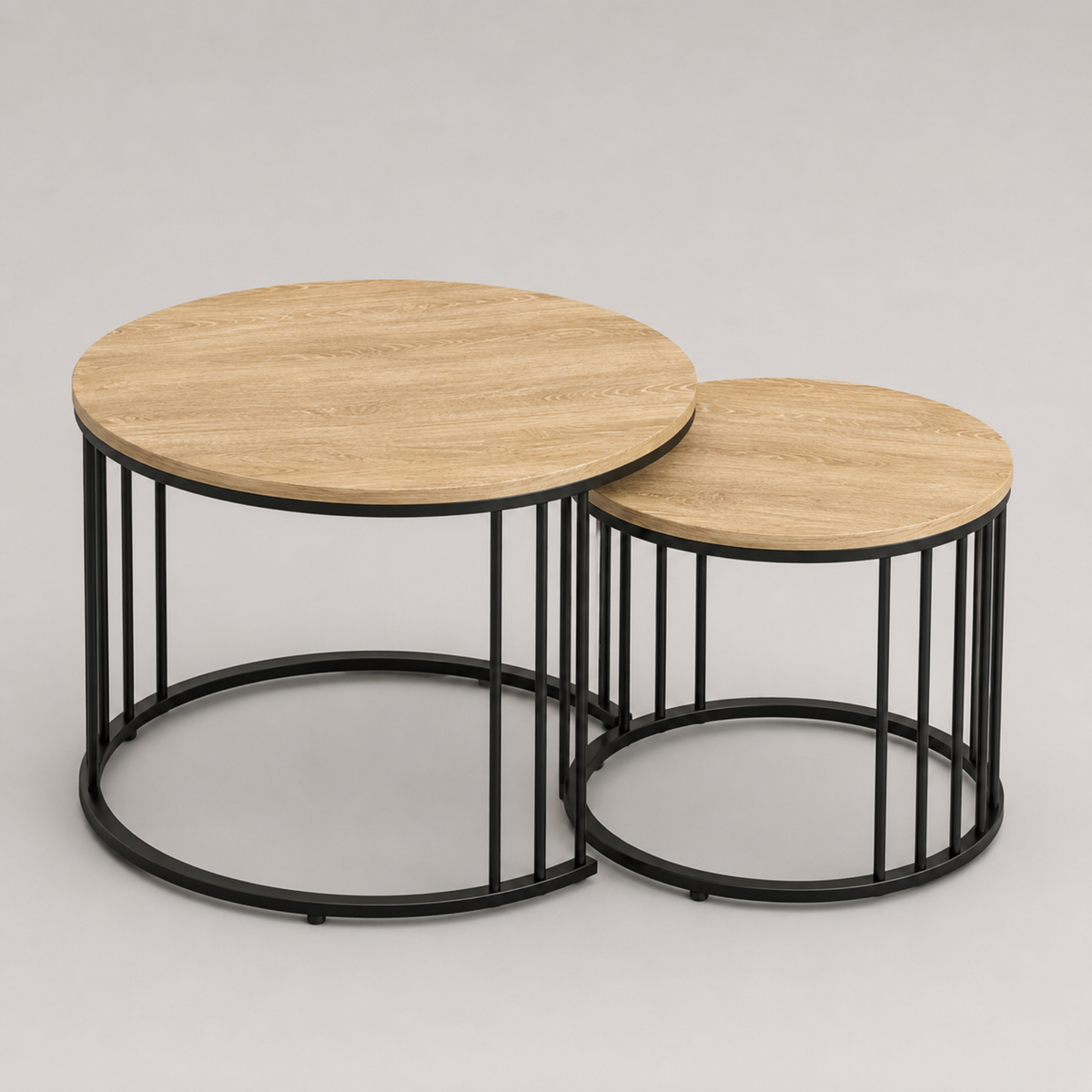 Loane | Duo de tables basses gigognes rondes en bois et métal noir