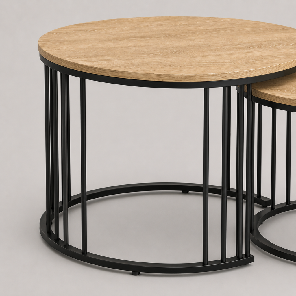 Loane | Duo de tables basses gigognes rondes en bois et métal noir