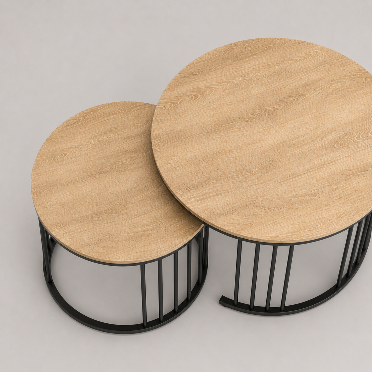 Loane | Duo de tables basses gigognes rondes en bois et métal noir