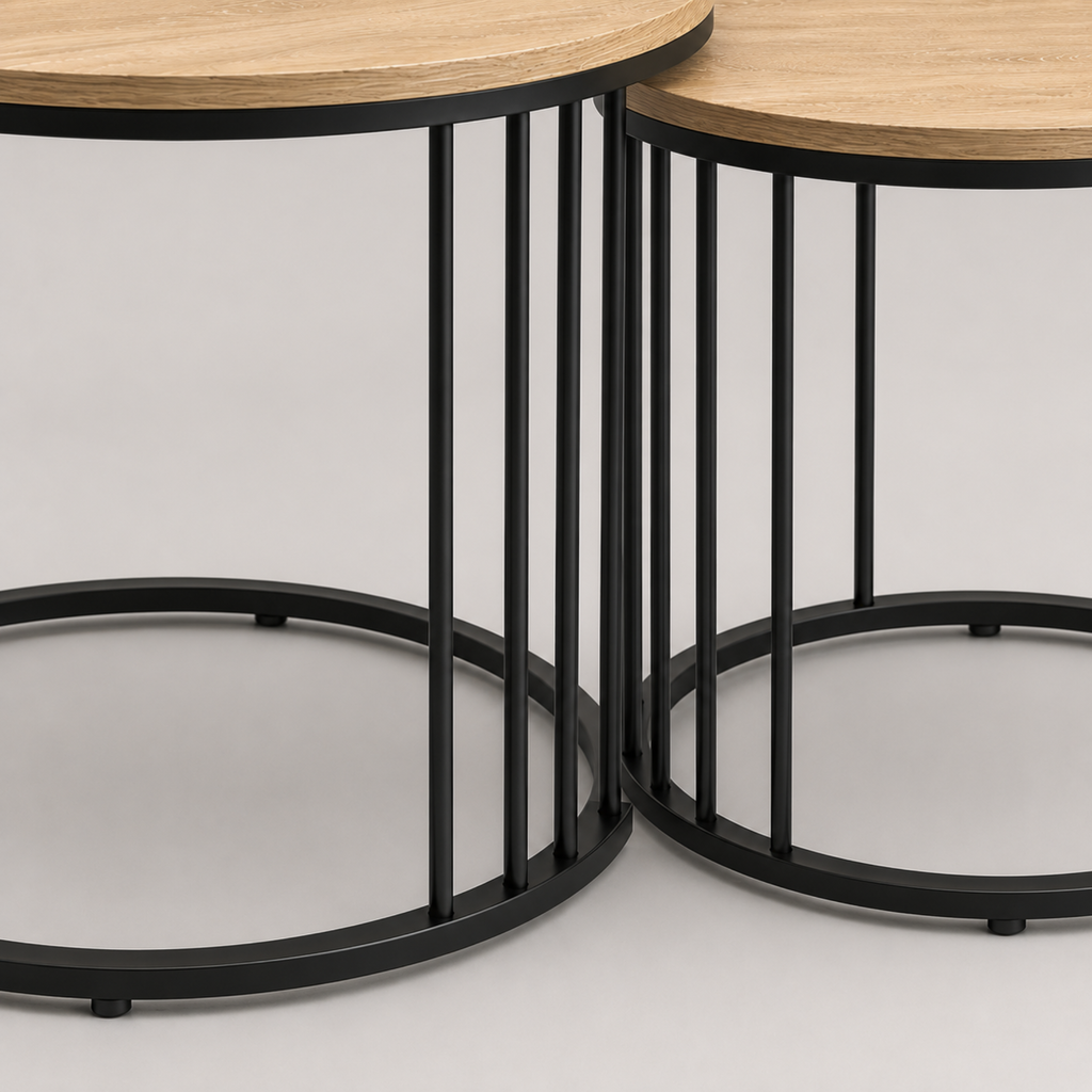 Loane | Duo de tables basses gigognes rondes en bois et métal noir