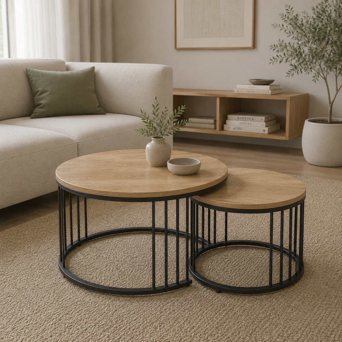 Loane | Duo de tables basses gigognes rondes en bois et métal noir
