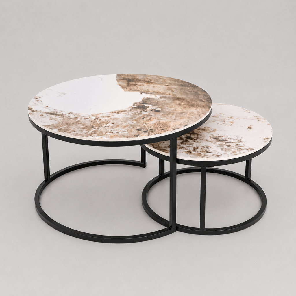 Elina | Table basse gigogne ronde en porcelaine et métal noir