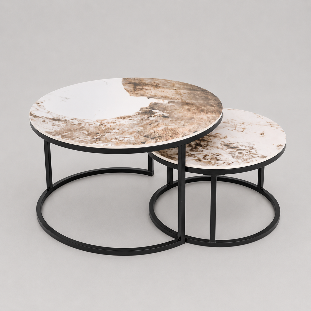 Elina | Table basse gigogne ronde en porcelaine et métal noir