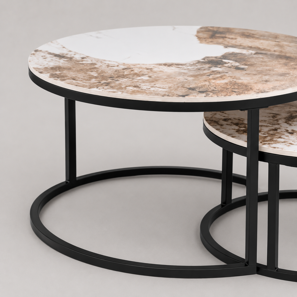 Elina | Table basse gigogne ronde en porcelaine et métal noir