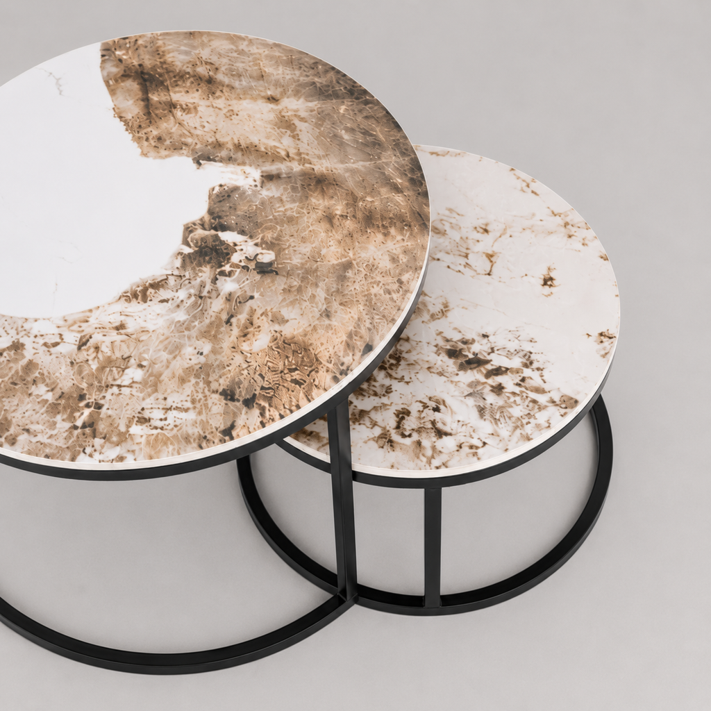Elina | Table basse gigogne ronde en porcelaine et métal noir