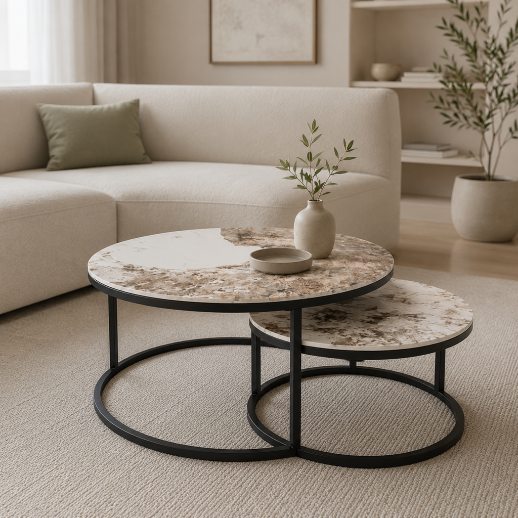 Elina | Table basse gigogne ronde en porcelaine et métal noir