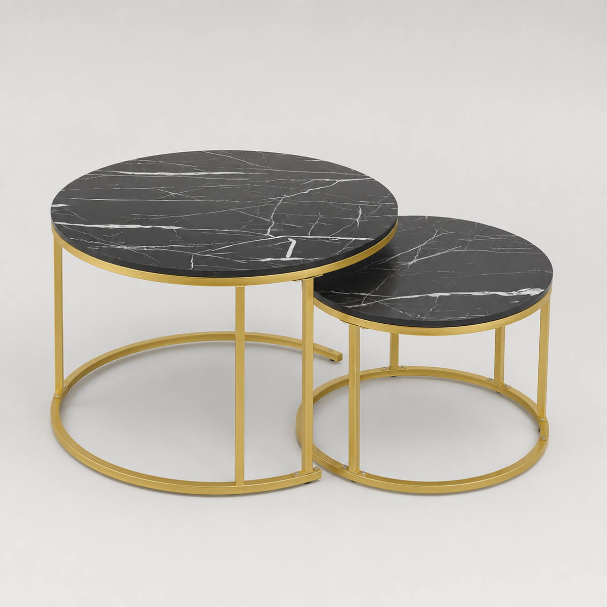 Ilona | Duo de tables basses gigognes rondes en marbre noir et métal doré