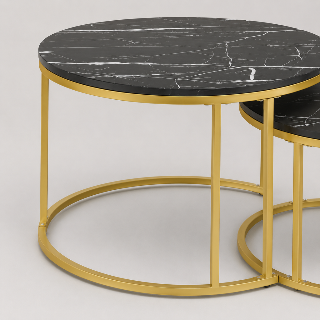Ilona | Duo de tables basses gigognes rondes en marbre noir et métal doré