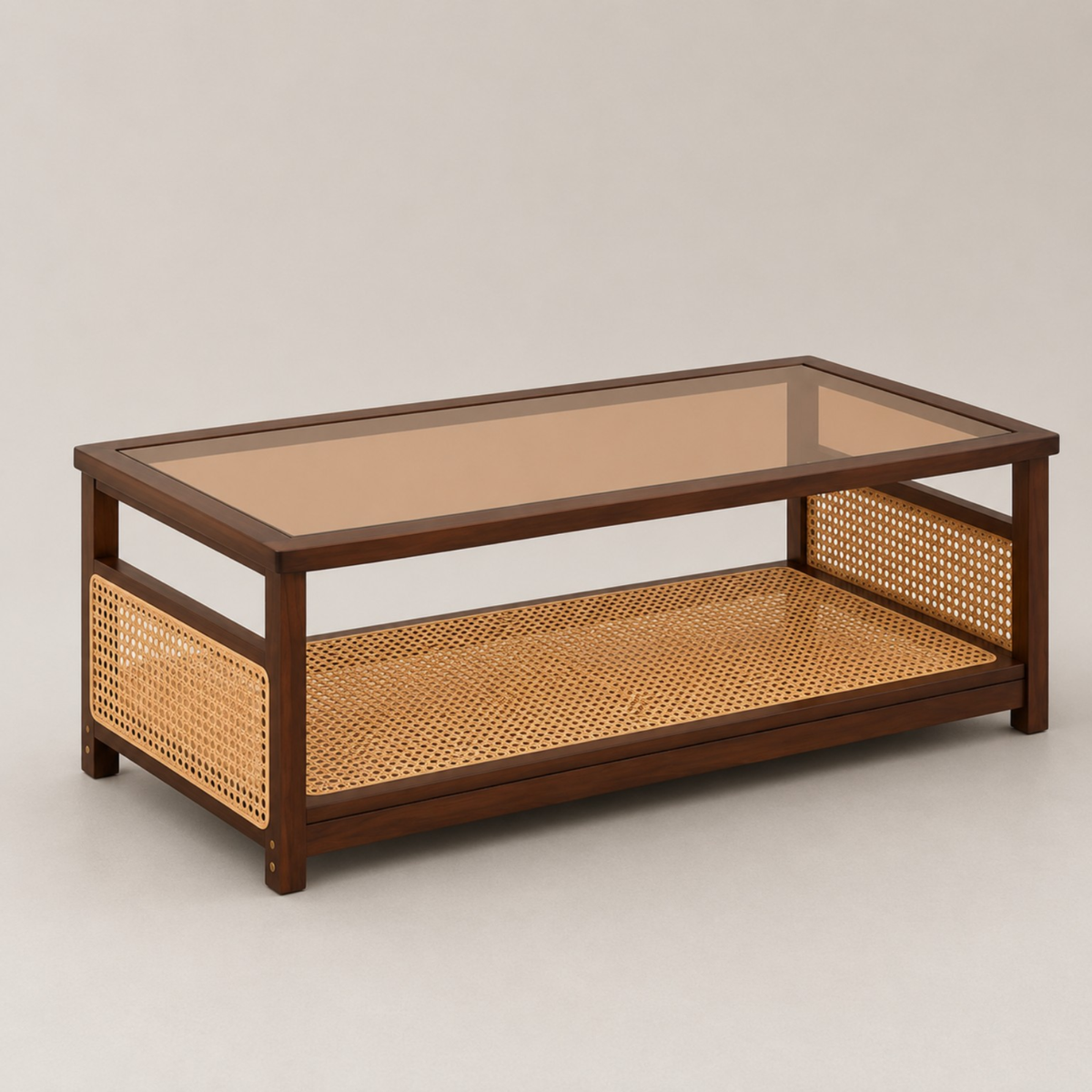 Théa | Table basse rectangulaire en bois noyer, verre et rotin