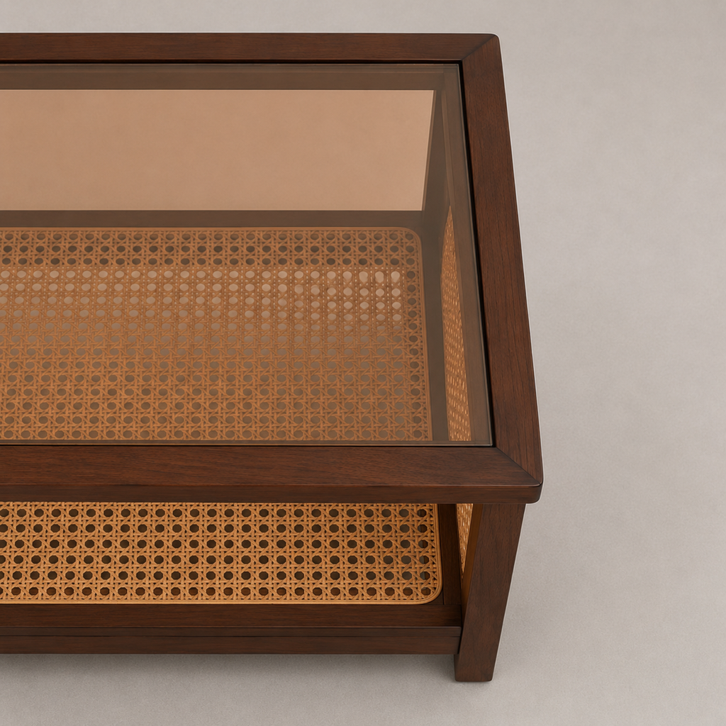 Théa | Table basse rectangulaire en bois noyer, verre et rotin