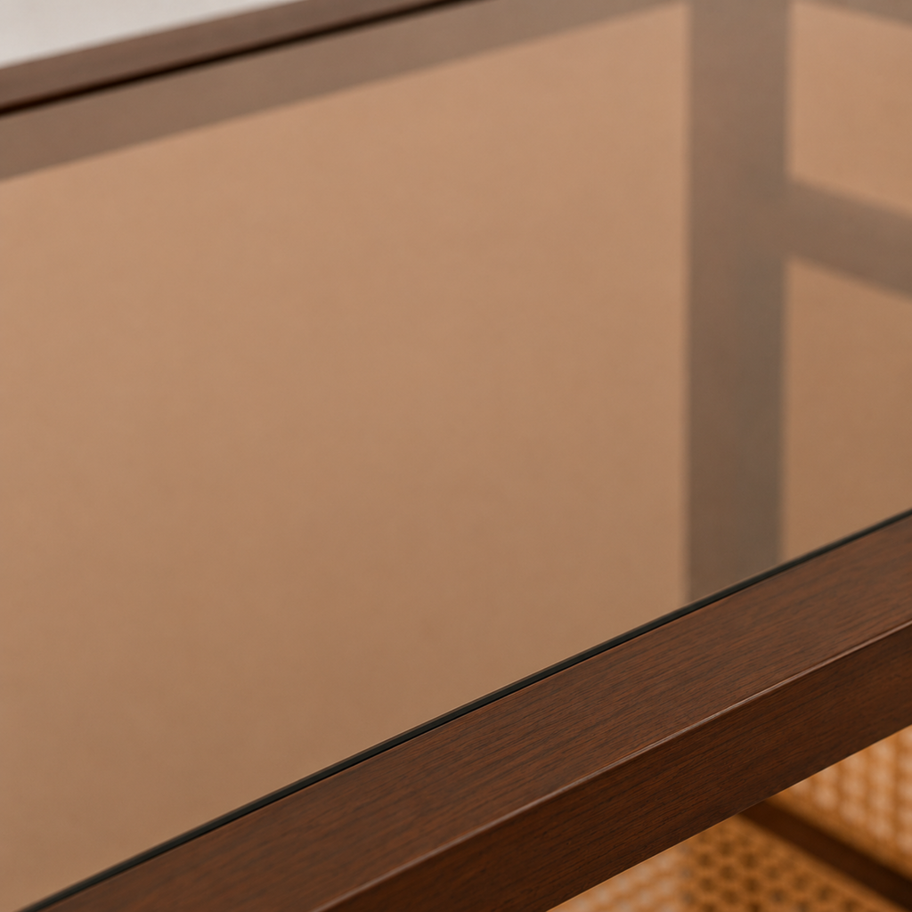 Théa | Table basse rectangulaire en bois noyer, verre et rotin