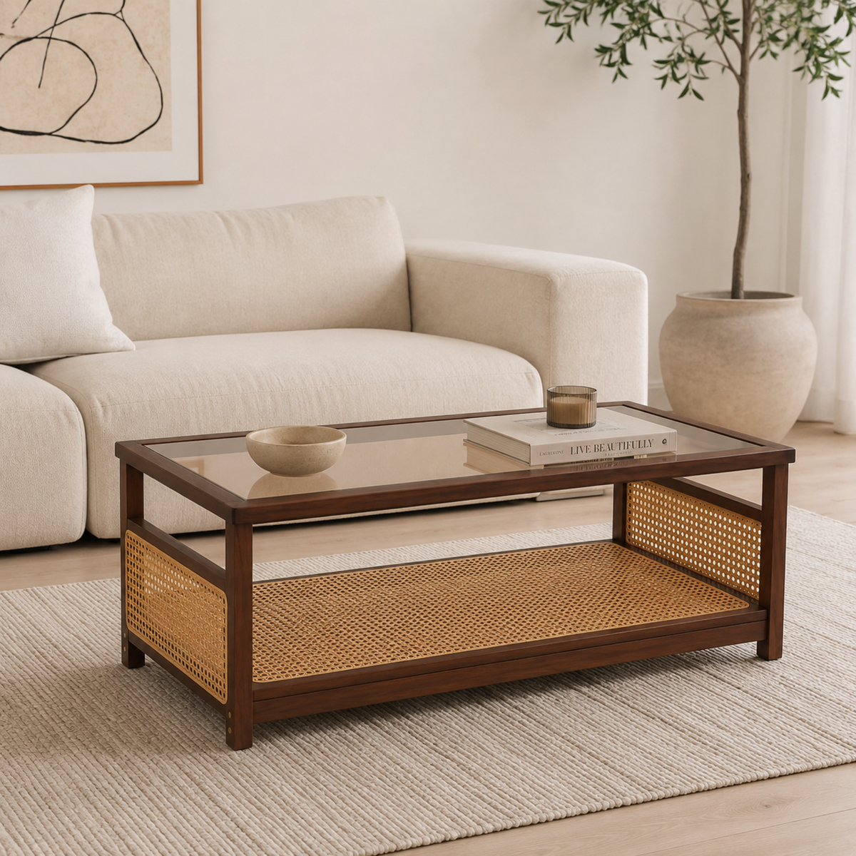 Théa | Table basse rectangulaire en bois noyer, verre et rotin