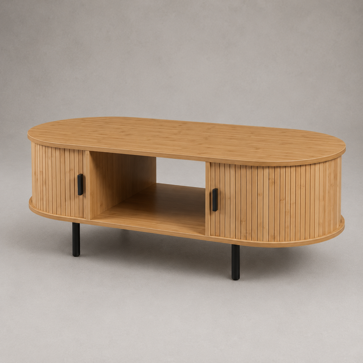 Solène | Table basse ovale en bambou et métal noir avec portes coulissantes