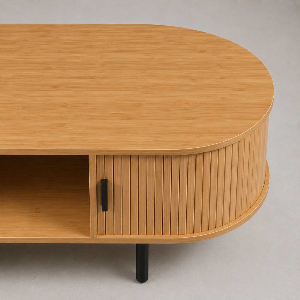 Solène | Table basse ovale en bambou et métal noir avec portes coulissantes