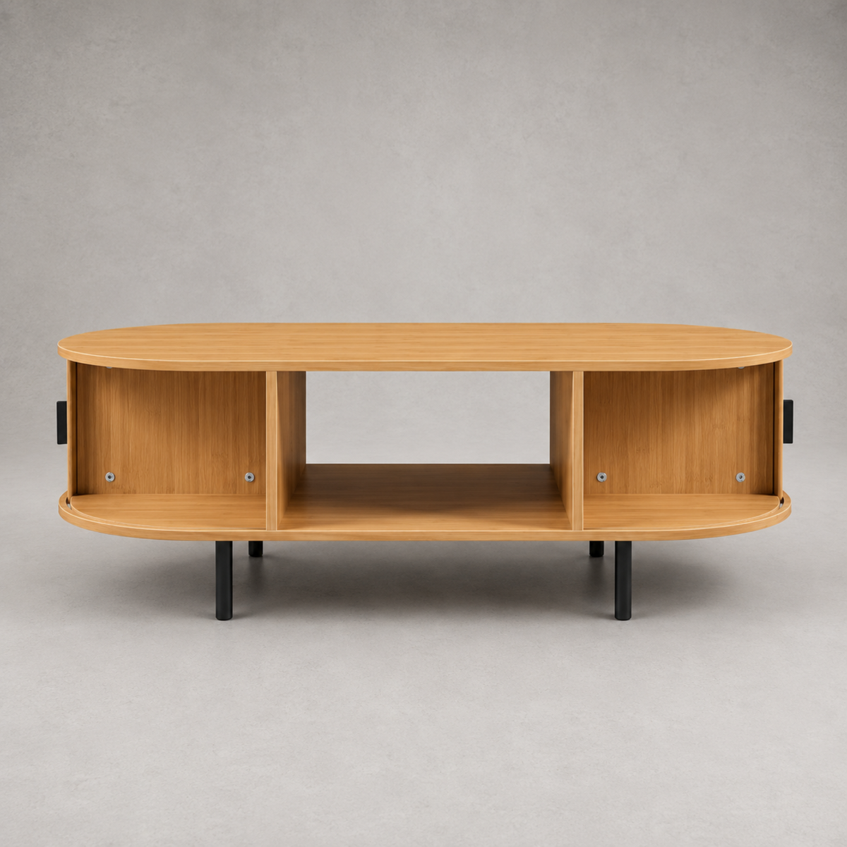 Solène | Table basse ovale en bambou et métal noir avec portes coulissantes
