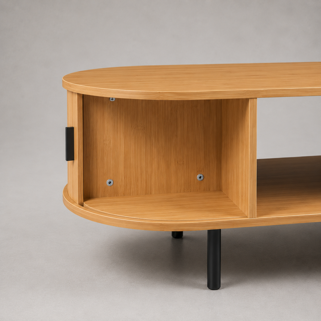 Solène | Table basse ovale en bambou et métal noir avec portes coulissantes
