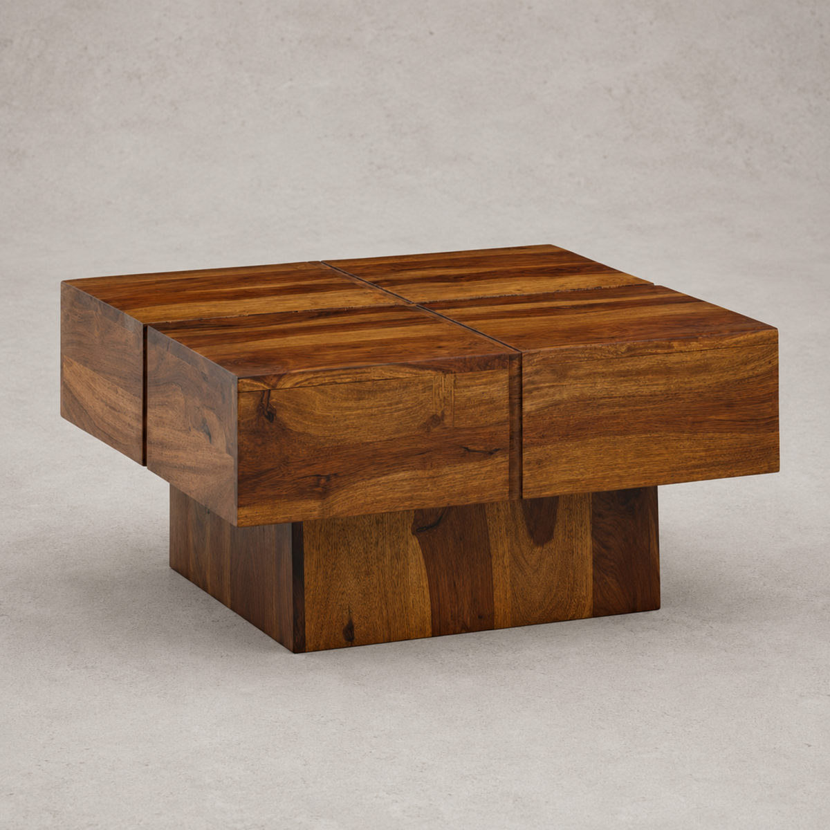 Lowen | Table basse carrée en bois de Sheesham massif à socle sculpté