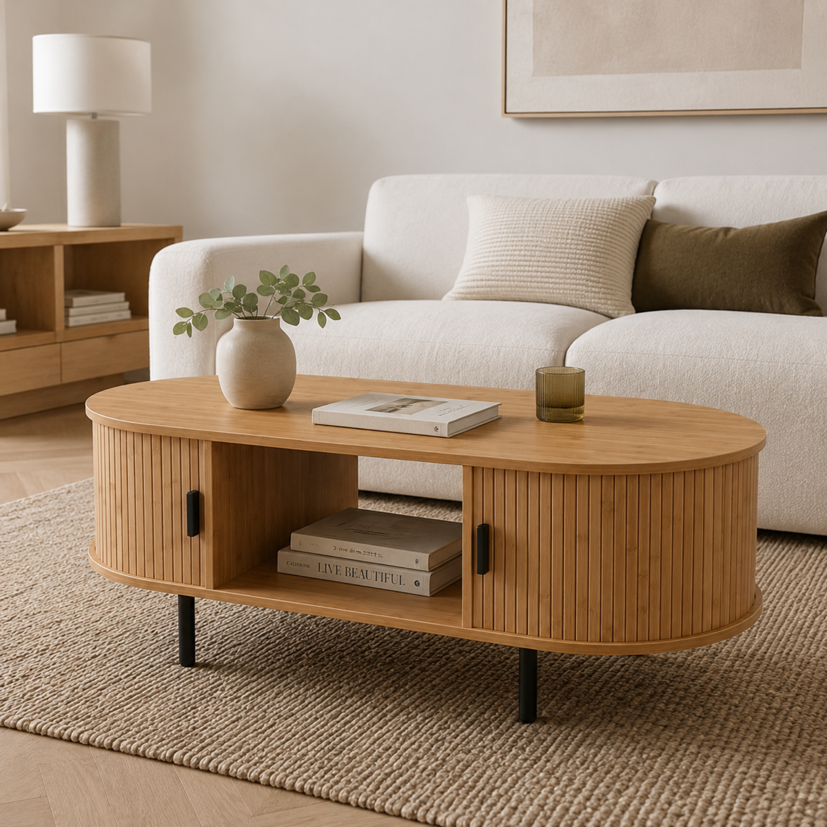 Solène | Table basse ovale en bambou et métal noir avec portes coulissantes