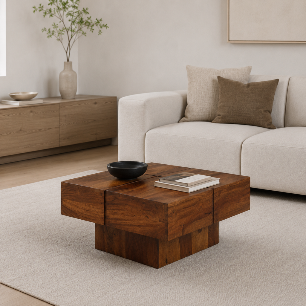 Lowen | Table basse carrée en bois de Sheesham massif à socle sculpté