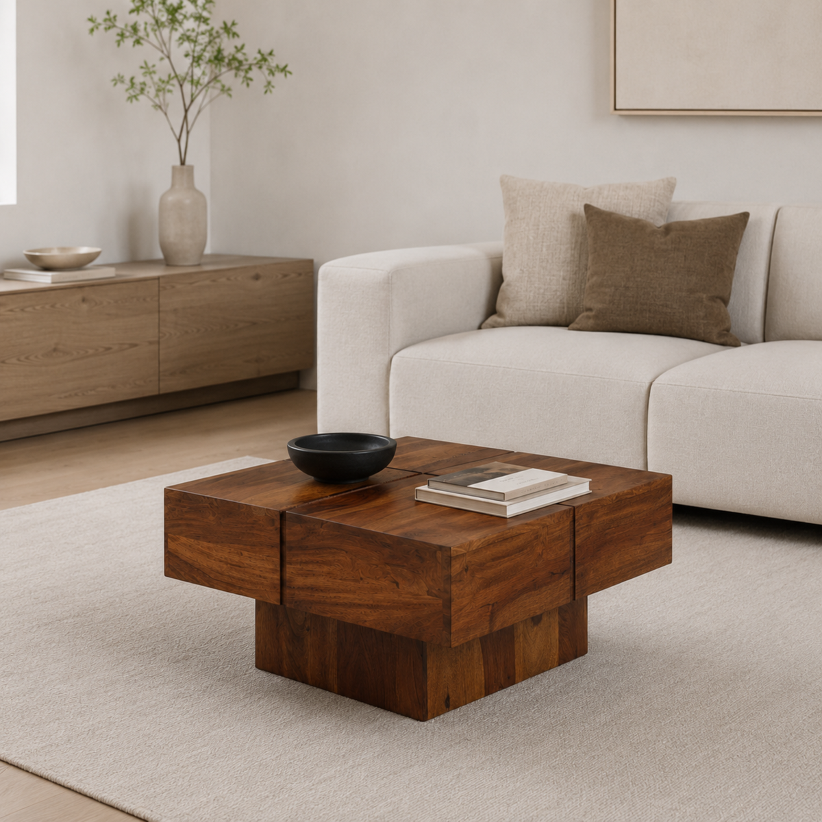 Lowen | Table basse carrée en bois de Sheesham massif à socle sculpté