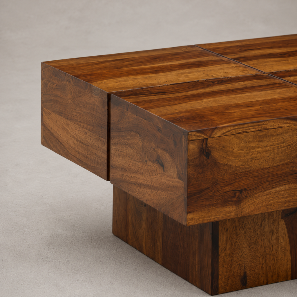 Lowen | Table basse carrée en bois de Sheesham massif à socle sculpté