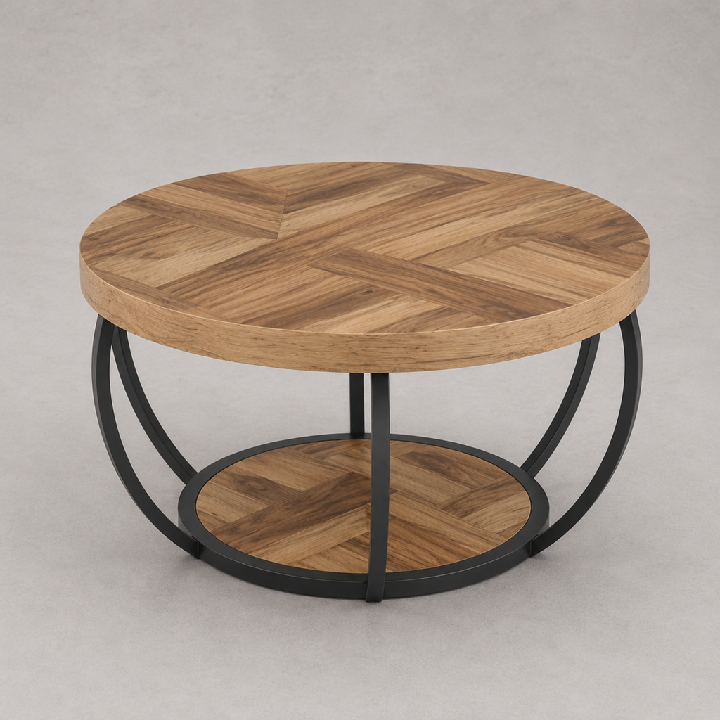 Maylis | Table basse ronde en bois marqueté et métal noir
