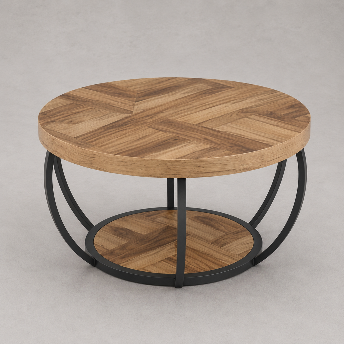Maylis | Table basse ronde en bois marqueté et métal noir