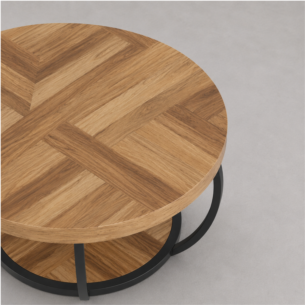 Maylis | Table basse ronde en bois marqueté et métal noir