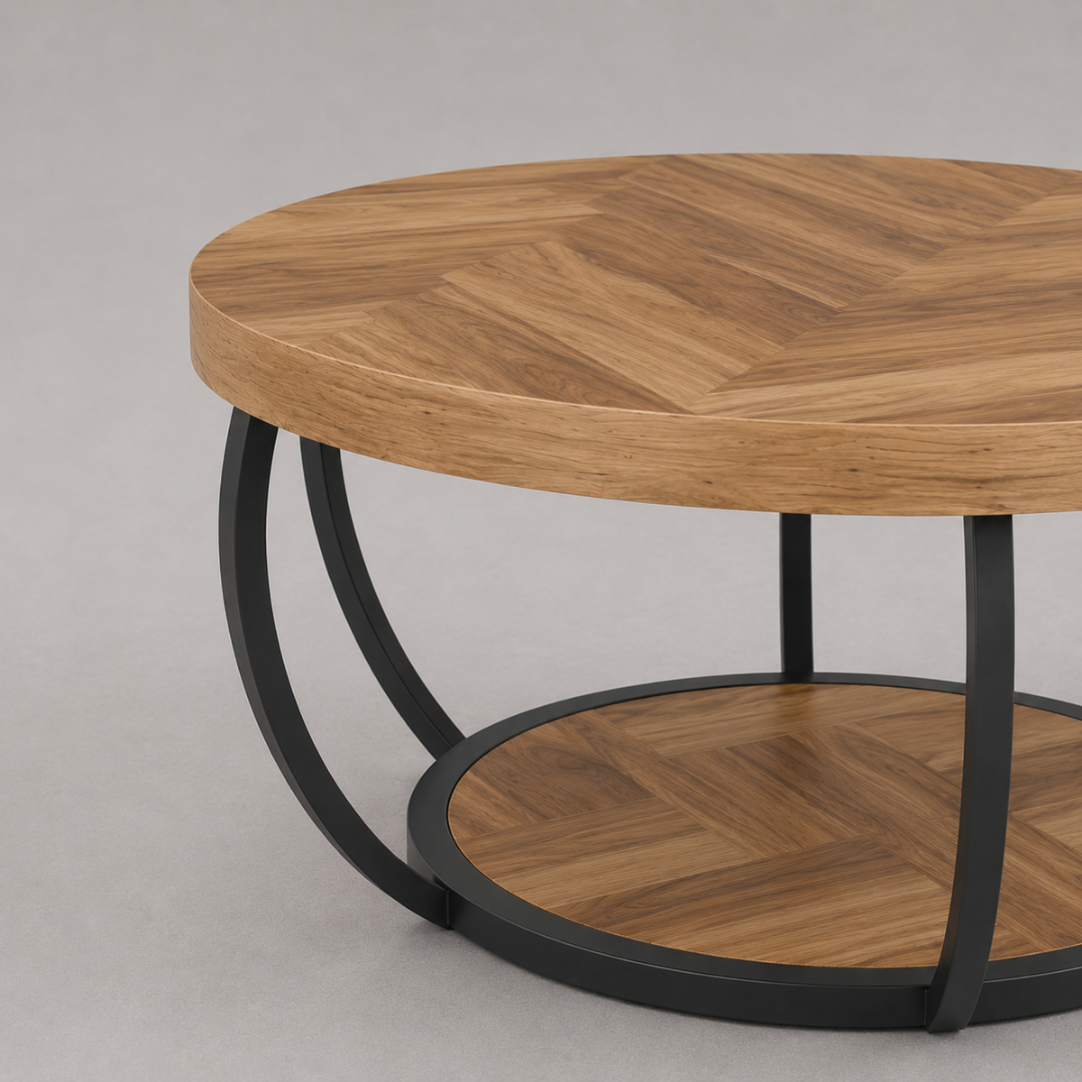 Maylis | Table basse ronde en bois marqueté et métal noir