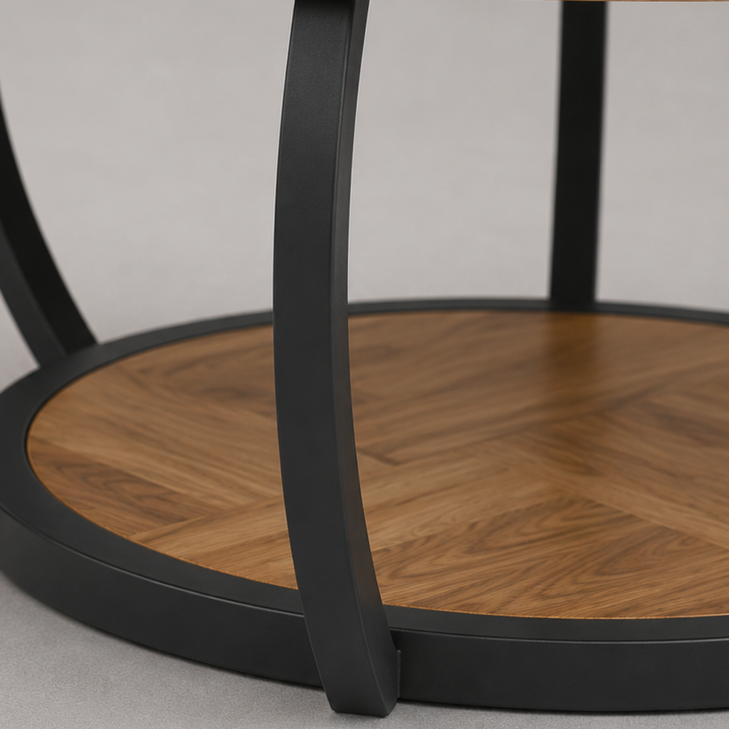 Maylis | Table basse ronde en bois marqueté et métal noir