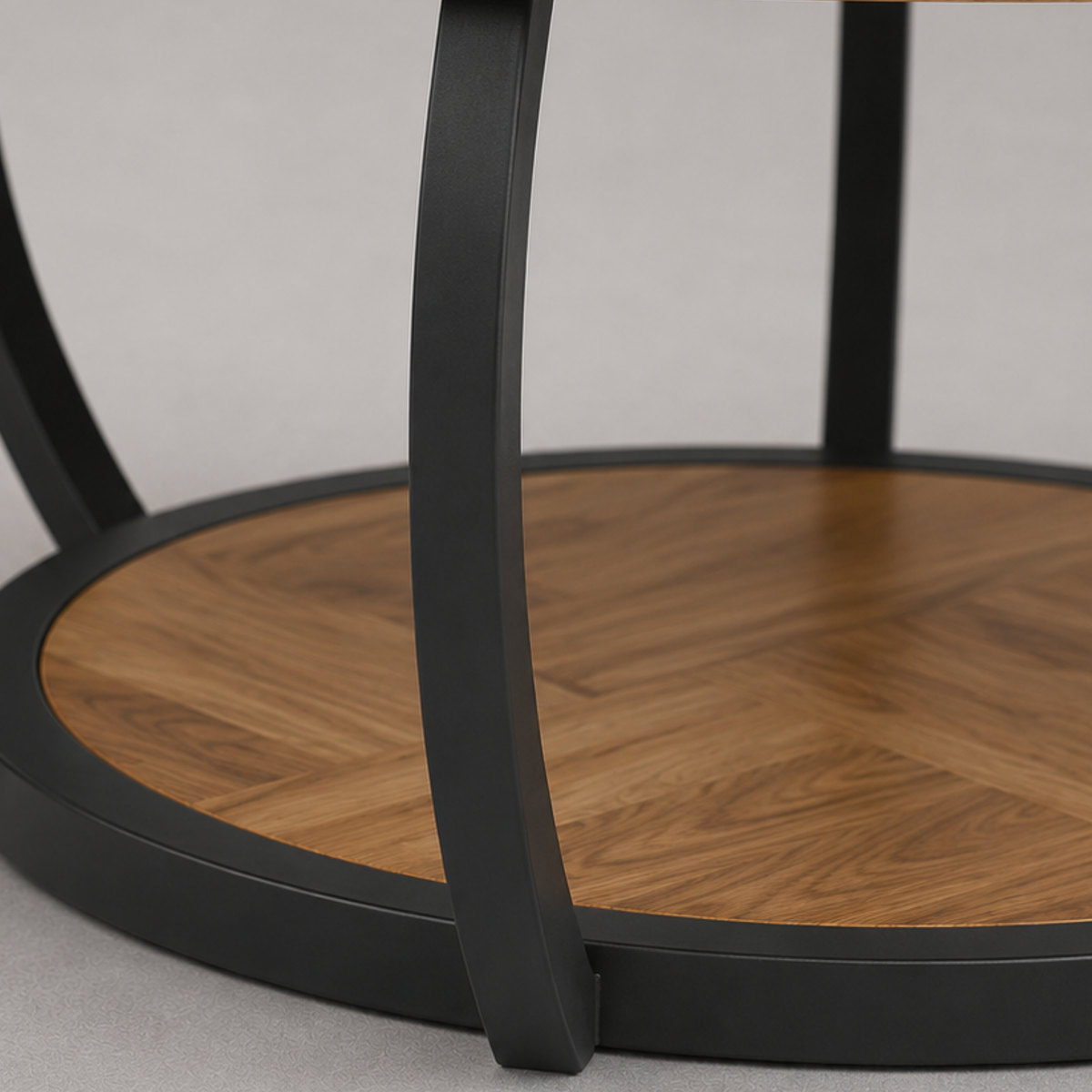Maylis | Table basse ronde en bois marqueté et métal noir