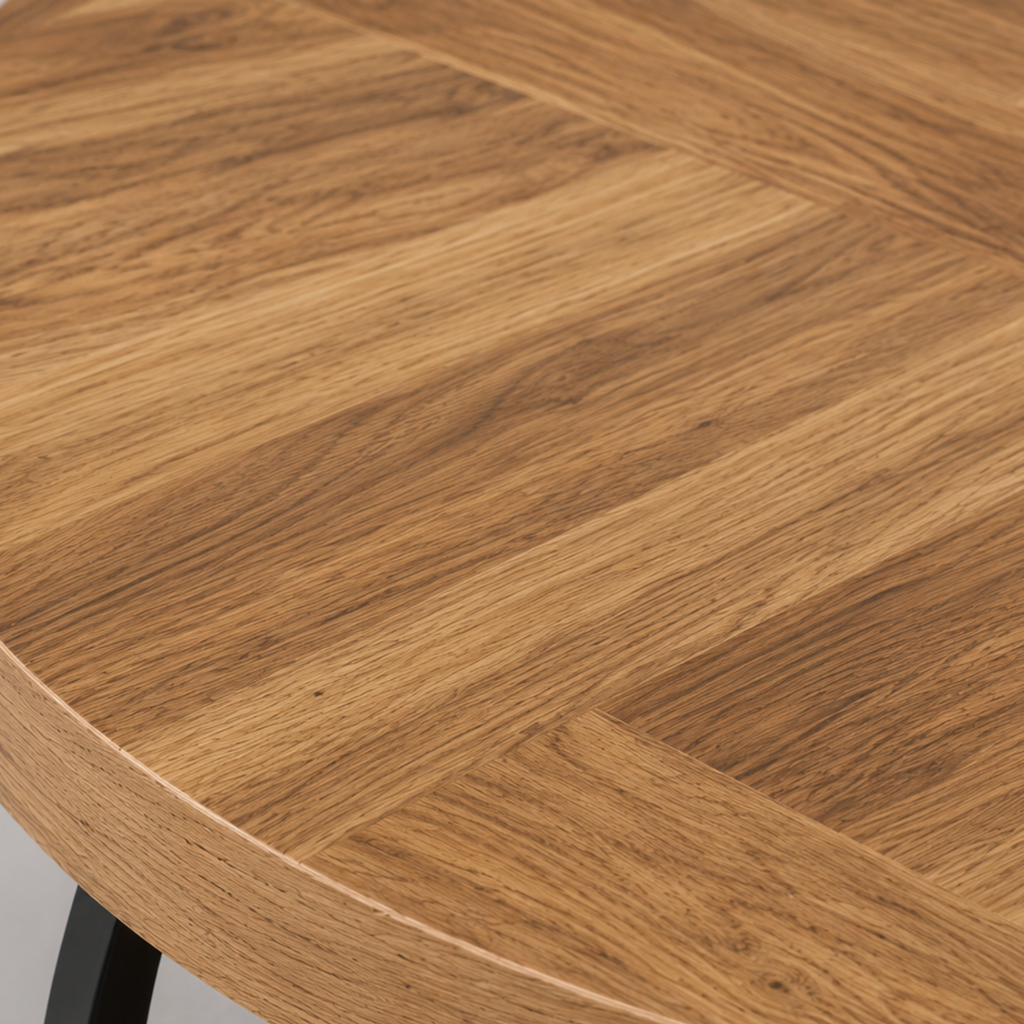 Maylis | Table basse ronde en bois marqueté et métal noir