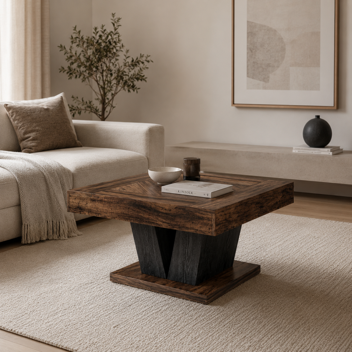 Ilan | Table basse carrée en bois et piètement noir sculptural