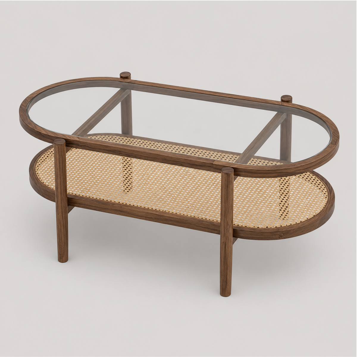 Orlane | Table basse ovale en bois d'acacia, verre trempé et rotin