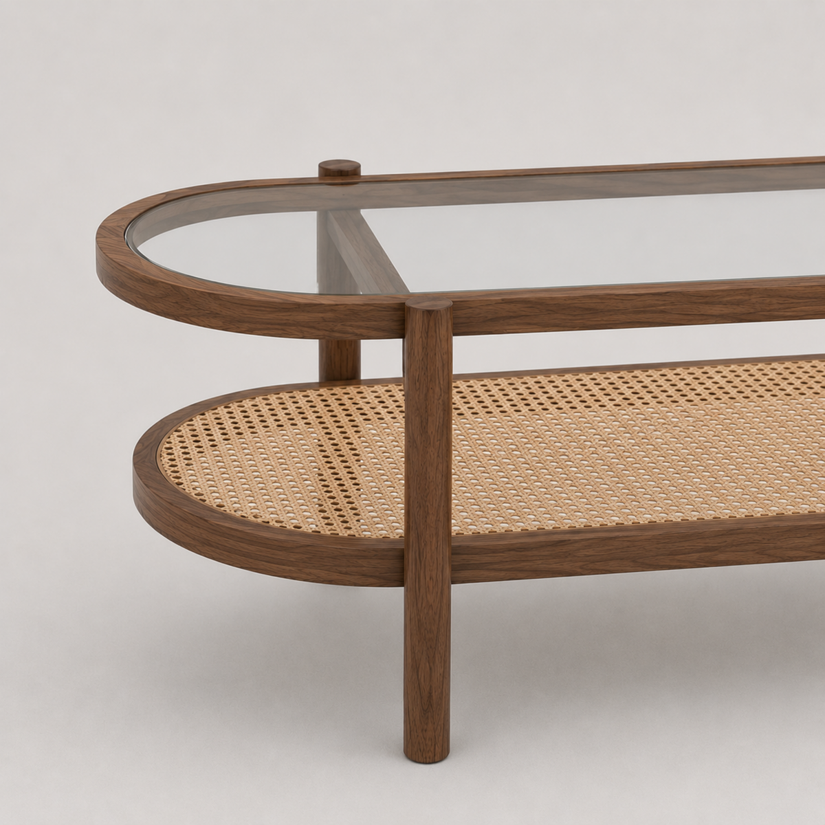 Orlane | Table basse ovale en bois d'acacia, verre trempé et rotin