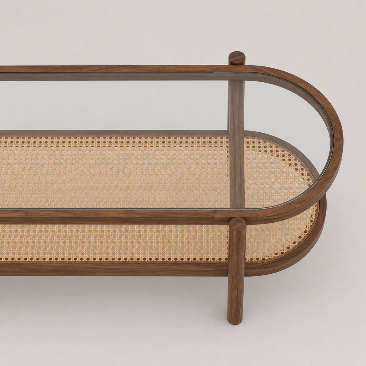 Orlane | Table basse ovale en bois d'acacia, verre trempé et rotin