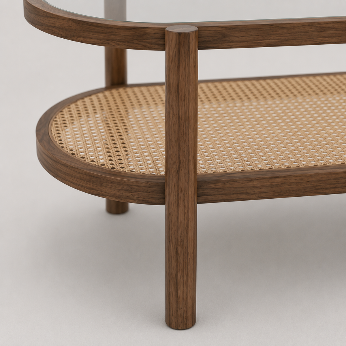 Orlane | Table basse ovale en bois d'acacia, verre trempé et rotin