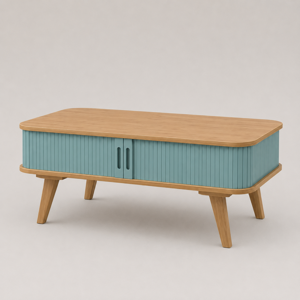 Solvane | Table basse rectangulaire en bambou et façades coulissantes bleu canard
